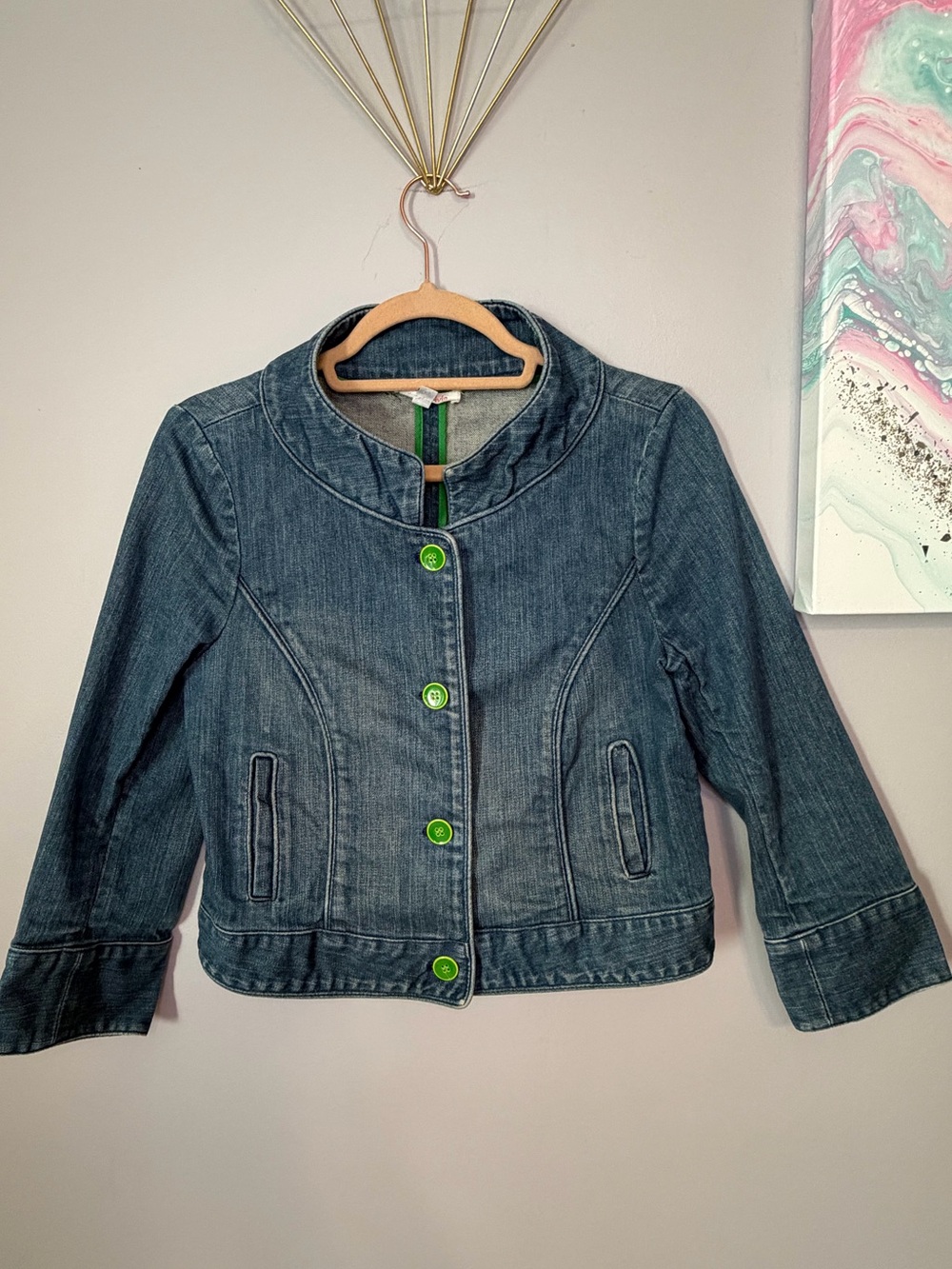 Alice + Olivia Collarless Denim Jacket Neon Green Buttons S